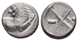 Thrace, Chersonesos. AR Hemidrachm, 2.06 g 12.76 mm. Circa 386-338 BC.
Obv: Forepart of lion right, head left.
Rev: Quadripartite incuse square with a...