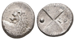 Thrace, Chersonesos. AR Hemidrachm, 2.23 g. - 13.27 mm. Circa 386-338 BC.
Obv.: Forepart of a lion to right, head turned back to left.
Rev.: Quadripar...