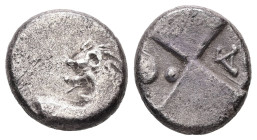 Thrace, Chersonesos. AR Hemidrachm, 2.03 g 12.72 mm. Circa 386-338 BC.
Obv: Forepart of lion right, head left.
Rev: Quadripartite incuse square with a...