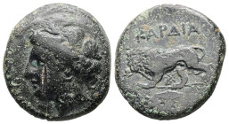 Thrace, Kardia.Ae, 8.96 g 22.11 mm. Circa 357/46-309 BC. 
Obv: Wreathed head of Persephone left 
Rev: KAPΔIA, Lion advancing left, breaking spear in i...