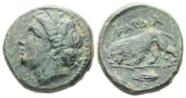 Thrace, Kardia. Ae, 7.45 g 19.98 mm. Circa 350-309 BC.
Obv: Wreathed head of Persephone left, wearing earring and necklace.
Rev: KAPΔIA. Lion standing...