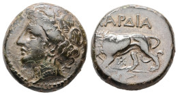 Thrace, Kardia. Ae, 7.92 g 19.81 mm. Circa 357/46-309 BC. 
Obv: Wreathed head of Persephone left 
Rev: Lion advancing left, breaking spear in its jaws...