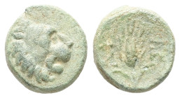 Thrace, Lysimacheia, AE, 1,13 g. - 10.14 mm. Circa 225-199/8 BC.
Obv.: Lion head to right.
Rev.: ΛΥ-ΣΙ, Barley ear.
Ref.: BMC 19; CNG Mail Bid Sale 76...