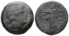 Thrace, Mesambria. Ae, 9.24 g 22.76 mm. Circa 175-100 BC.
Obv: Diademed female head to right.
Rev: MEΣAMBPIANΩN. Athena Promachos advancing left, bran...