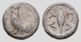 Thrace, Selymbria AR Obol, 0.76 g 9.50 mm. Circa 425-410 BC. 
Obv: Cockerel standing to left 
Rev: Ear of barley; ΣA-ΛY across fields. 
Ref: Schönert-...