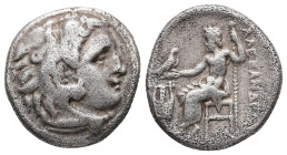 Kings of Macedon, Alexander III 'the Great', AR Drachm, 4.23 g 17.22 mm. 336-323 BC. Kolophon.
Obv: Head of Herakles right, wearing lion skin.
Rev: AΛ...