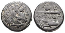 Kings of Macedon, Alexander III 'the Great'. Ae, 6.21 g 18.56 mm. 336-323 BC. Tarsos mint.
Obv: Head of Herakles right, wearing lion skin.
Rev: AΛEΞAN...