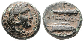 Kings of Macedon, Alexander III 'the Great'. Ae, 6.47 g 16.94 mm. 336-323 BC. Uncertain mint in Macedon.
Obv: Head of Herakles right, wearing lion ski...