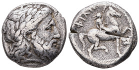 Kings of Macedon, Philip II. AR Tetradrachm, 14.10 g 26.66 mm. 359-336 BC. Amphipolis mint. Struck circa 348/7-343/2 BC. 
Obv:Laureate head of Zeus ri...