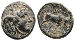 Seleukid Kingdom, Seleukos I Nikator. Ae, 4.08 g 17.08 mm. 312-281 BC.Sardes.
Obv: Winged head of Medusa right.
Rev: Bull butting right. BAΣIΛEΩΣ, mon...