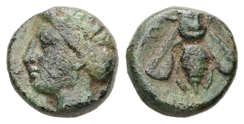 Ionia, Ephesos. Ae, 1.40 g. - 9.73 mm. Circa 375-325 BC.
Obv.: Female head left,...