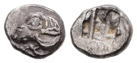 Ionia, Klazomenai. AR Hemiobol, 0.57 g 8.41 mm. 5th century BC.
Obv: Head of ram left.
Rev: Incuse square with irregular pattern.
Ref: SNG Ashmolean 1...