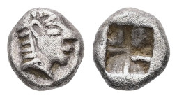 Ionia, Kolophon. AR Hemiobol, 0.37 g 6.20 mm. Late 6th century BC.
Obv: Archaic head of Apollo right.
Rev: Quadripartite incuse square.
Ref: SNG Kayha...