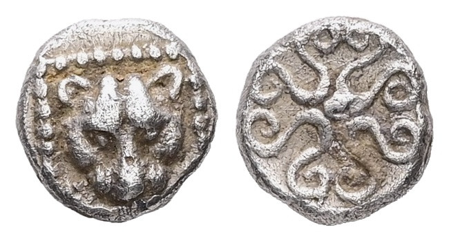 Ionia,Miletos. AR 1/32 Stater or Hemiobol, 0.42 g 6.85 mm. BC 530-500.
Obv:Facin...