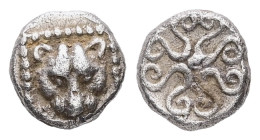 Ionia,Miletos. AR 1/32 Stater or Hemiobol, 0.42 g 6.85 mm. BC 530-500.
Obv:Facing lion's head in dotted square
Rev: Incuse with floral pattern in cent...