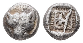 Ionia, Miletos. 1/16 Stater, 0.78 g 7.65 mm. Late 6th-early 5th centuries BC.
Obv: Facing lion mask.
Rev: Stellate design within double square lattice...