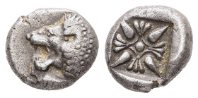 Ionia, Miletos. AR Obol or Hemihekte, 1.20 g 9.58 mm. Late 6th-early 5th centuries BC.
Obv: Forepart of lion right, head left.
Rev: Stellate floral de...