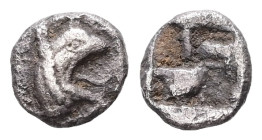 Ionia, Phokaia. AR Tetartemorion, 0.22 g 6.63 mm. Circa 530-510 BC.
Obv: Head of griffin right.
Rev: Quadripartite incuse square.
Ref: SNG Copenhagen ...