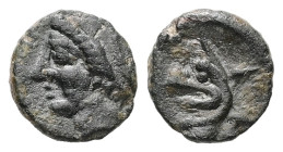 Ionia, Phokaia. Ae, 0.50 g 8.23 mm. Circa 300 BC.
Obv: Female head (Aphrodite?), left; with hair in sphendone.
Rev: Head of griffin left.
Ref: SNG von...