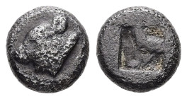 Lesbos, Uncertain mint. 1/16 Billon Stater, 0.61 g 7.67 mm. Circa 550-480 BC. 
Obv: Head of a calf to left. 
Rev: Rough incuse square. 
Ref: BMC 52-3....