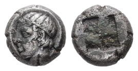 Lesbos, Uncertain mint. Billon Obol, 0.57 g 7.19 mm. Circa 480 BC. 
Obv: Head of Apollo to left, wearing taenia. 
Rev: Quadripartite incuse square. 
R...