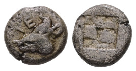 Lesbos, Uncertain. Billon Obol, 0.80 g 9.17 mm. Circa 500-450 BC.
Obv: ΛΕ, Head of boar left.
Rev: Quadripartite incuse square.
Ref:BMC 21
Fine
