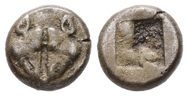 Lesbos, Uncertain. Billon Diobol, 1.15 g 9.76 mm. Circa 500-450 BC.
Obv: [A], Confronted boars' heads.
Rev: Quadripartite incuse square.
Ref: Klein KM...