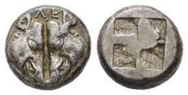 Lesbos, Uncertain. Billon Diobol, 1.22 g 9.57 mm. Circa 500-450 BC.
Obv: ΛE, Confronted boars' heads.
Rev: Quadripartite incuse square.
Ref: BMC 13.
V...