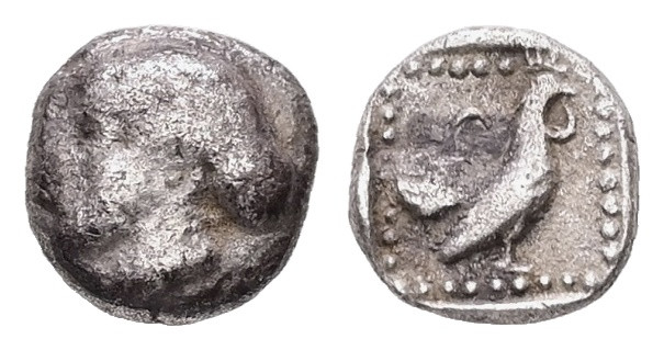 Lesbos, Methymna. AR Hemiobol, 0.34 g 6.49 mm. Circa 500/480-460 BC.
Obv: Female...