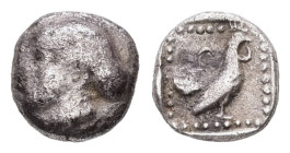 Lesbos, Methymna. AR Hemiobol, 0.34 g 6.49 mm. Circa 500/480-460 BC.
Obv: Female head left, with hair bound in sakkos.
Rev: Cock standing right; cresc...