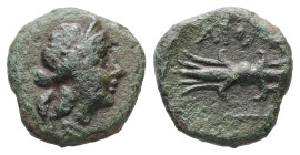 Lesbos, Methymna. Ae, 1.06 g 10.99 mm. Circa 330-280 BC.
Obv: Head of Hera right, wearing stephane, earring and collar
Rev: AIOΛE, Thunderbolt; below,...