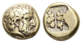 Lesbos, Mytilene. EL Hekte, 2.52 g 10.70 mm. Circa 454-428/7 BC.
Obv:Wreathed and bearded head of Dionysos right
Rev: Confronted calf heads; all withi...