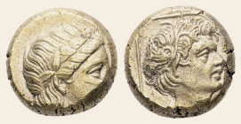 Lesbos, Mytilene. EL Hekte, 2.54 g 10.06 mm. Circa 377-326 BC.
Obv: Head of Dionysos right, wearing ivy wreath.
Rev: Draped bust of satyr right, weari...