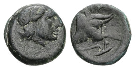 Lesbos, Mytilene. Ae, 0.61 g 8.95 mm. Circa 400-350 BC.
Obv: Laureate head of Apollo right.
Rev: Bull's head on the right, MY above, plough? below
Ref...
