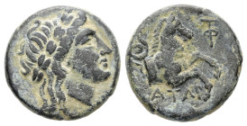 Mysia, Atarneos. Ae, 3.22 g 15.61 mm. Circa 350-300 BC.
Obv: Laureate head of Apollo right.
Rev: ATAP. Forepart of horse right; above, serpent coile...