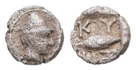 Mysia, Kyzikos. AR Hemiobol, 0.25 g 6.26 mm. Circa 450-400 BC.
Obv: Head of Hermes right, wearing winged concical helmet
Rev: KY-ΖI, Tunny right.
Ref:...