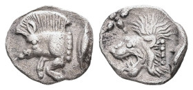 Mysia, Kyzikos. AR, Hemiobol. 0.37 g. - 9.53 mm. Circa 450-400 BC.
Obv.: Forepart of boar left; to right, tunny upward.
Rev.: Head of roaring lion lef...