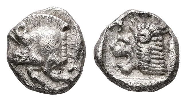 Mysia, Kyzikos. AR Hemiobol, 0.40 g 7.18 mm. Circa 525-475 BC.
Obv.: Forepart of...