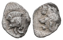 Mysia, Kyzikos. AR Hemiobol. 0.38 g 11.13 mm. Circa 450-400 BC.
Obv: Forepart of boar left; retrograde K on shoulder; to right, tunny upward.
Rev: Hea...