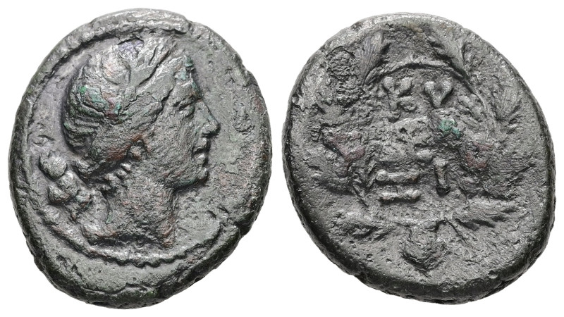 Mysia, Kyzikos. Ae, 5.45 g 20.44 mm. 2nd-1st century BC.
Obv: Head of Kore Sotei...