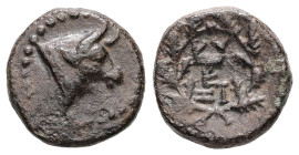 Mysia, Kyzikos. Ae, 1.72 g 12.22 mm. 2nd-1st centuries BC.
Obv: Head of bull right.
Rev: Monogram between KY / ZI; all within wreath.
Ref: Nomisma X 2...
