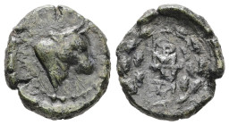 Mysia, Kyzikos. Ae, 2.55 g 15.47 mm. 2nd-1st centuries BC.
Obv: Head of bull right.
Rev: Monogram between KY / ZI; all within wreath.
Ref: Nomisma X 2...
