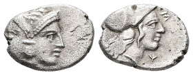 Mysia, Lampsakos. AR, Diobol. 1.09 g. - 12.50 mm. 4th-3rd centuries BC.
Obv.: Janiform female head.
Rev.: [ΛΑ]ΜΨ[A]. Helmeted head of Athena right wit...
