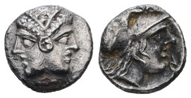 Mysia, Lampsakos. AR Diobol, 1.05 g 11.36 mm. 4th-3rd centuries BC.
Obv: Janiform female head.
Rev: ΛΑΜΨ. Helmeted head of Athena right within incuse ...