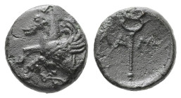 Mysia, Lampsakos. Ae, 0.87 g 10.02 mm. 4th-3rd centuries BC.
Obv: Forepart of pegasos to left
Rev: Kerykeion; ΛA-M across fields.
Ref: SNG Copenhagen ...
