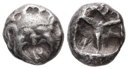 Mysia, Parion. AR Drachm, 3.83 g. – 13,33 mm. 5th century BC.
Obv.: Facing gorgoneion with protruding tongue.
Rev.: Disorganized linear pattern within...
