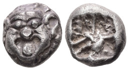 Mysia, Parion. AR Drachm, 3.85 g. – 13,77 mm. 5th century BC.
Obv.: Facing gorgoneion with protruding tongue.
Rev.: Disorganized linear pattern within...