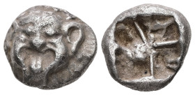 Mysia, Parion. AR Drachm, 3.88 g. – 14,66 mm. 5th century BC.
Obv.: Facing gorgoneion with protruding tongue.
Rev.: Disorganized linear pattern within...