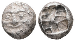 Mysia, Parion. AR, Drachm. 2.99 g. - 13.15 mm. 5th century BC.
Obv.: Facing gorgoneion with protruding tongue.
Rev.: Disorganized linear pattern withi...