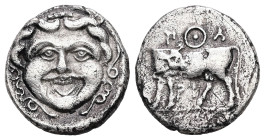 Mysia, Parion. AR Hemidrachm, 2.16 g 14.12 mm. 4th century BC.
Obv: Facing gorgoneion.
Rev: ΠΑ / ΡΙ. Bull standing left, head reverted, above, Θ.
Ref:...
